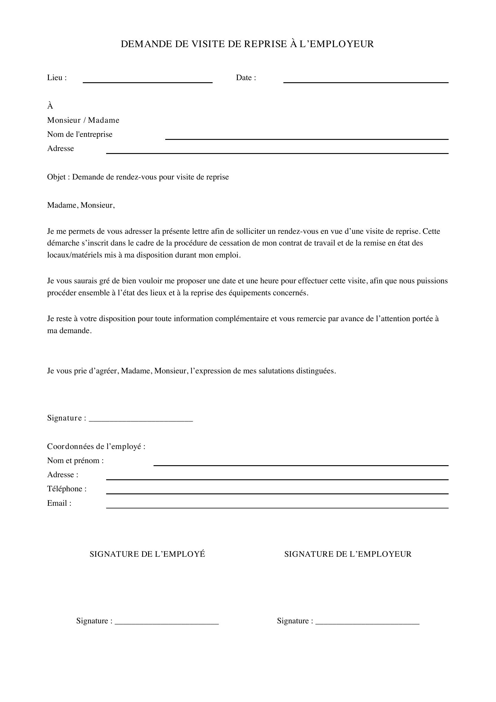Modele Lettre Demande De Visite De Reprise À L'Employeur