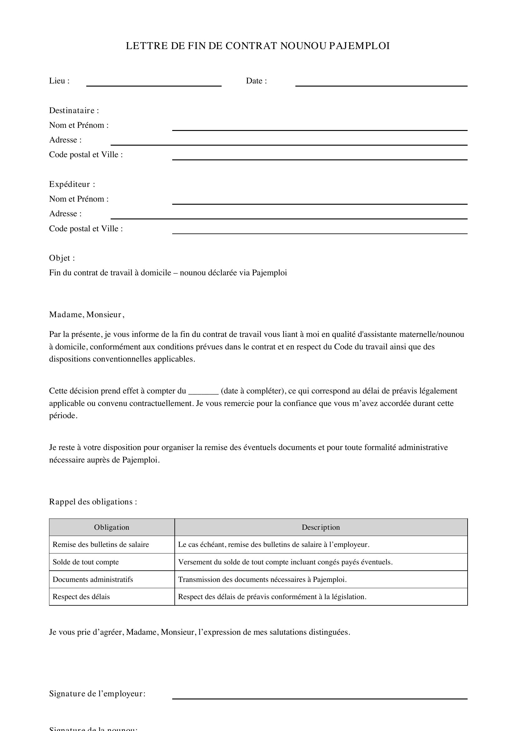 Modèle Lettre Fin De Contrat Nounou Pajemploi