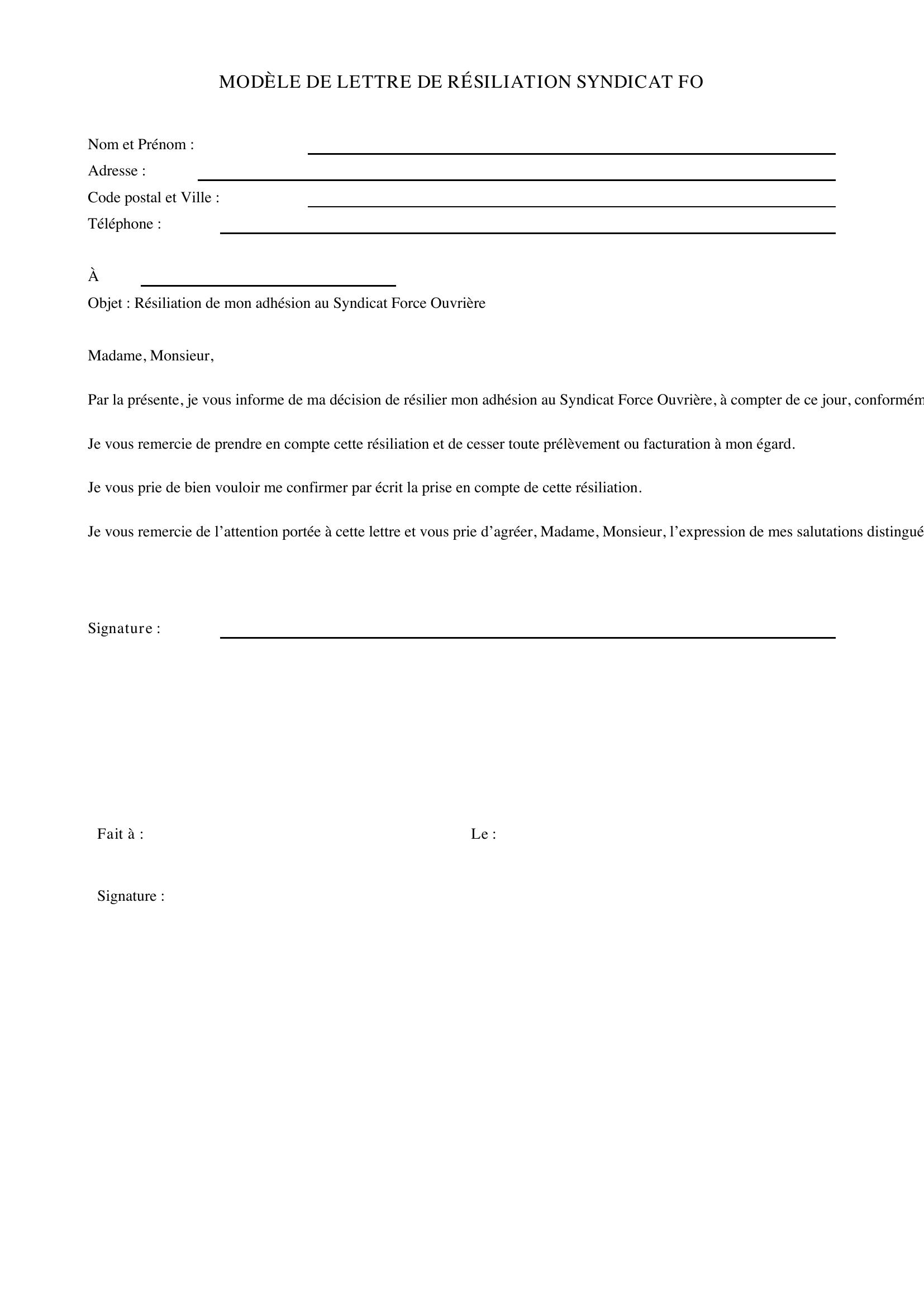 Modèle Lettre Résiliation Syndicat Fo