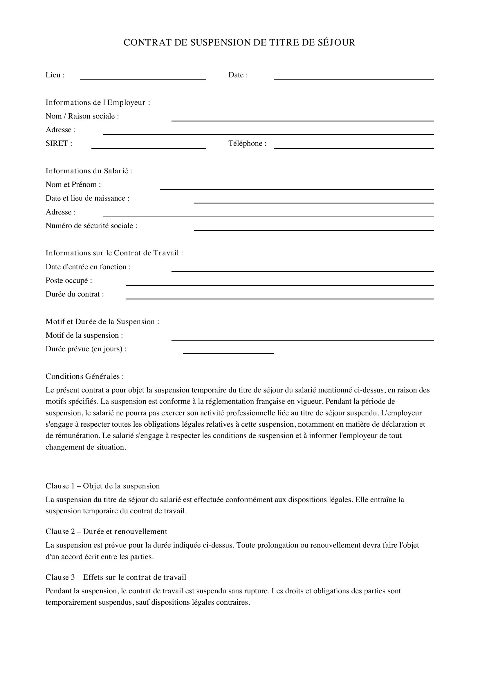Modèle Suspension Contrat De Travail Titre De Séjour