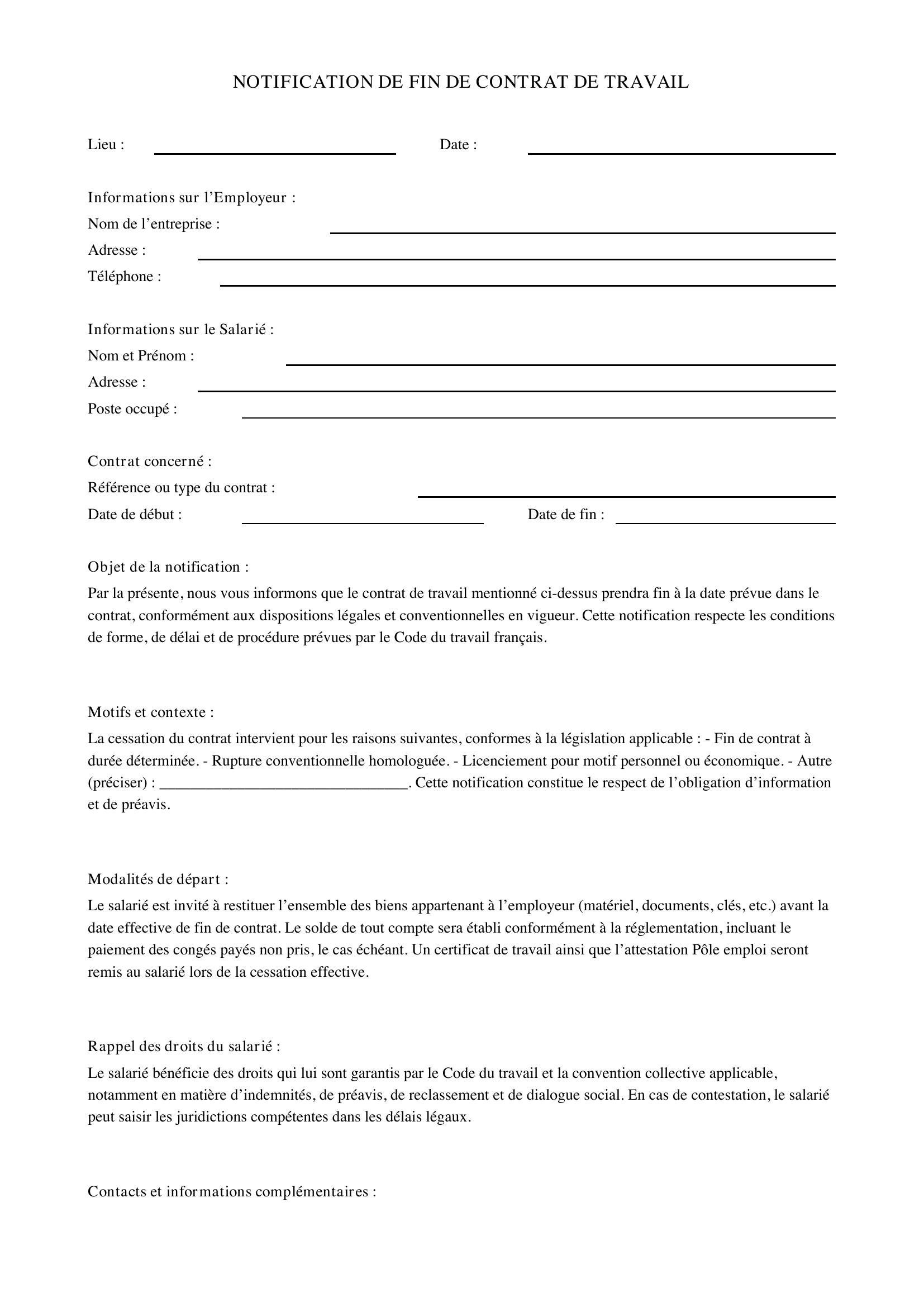 Notification De Fin De Contrat