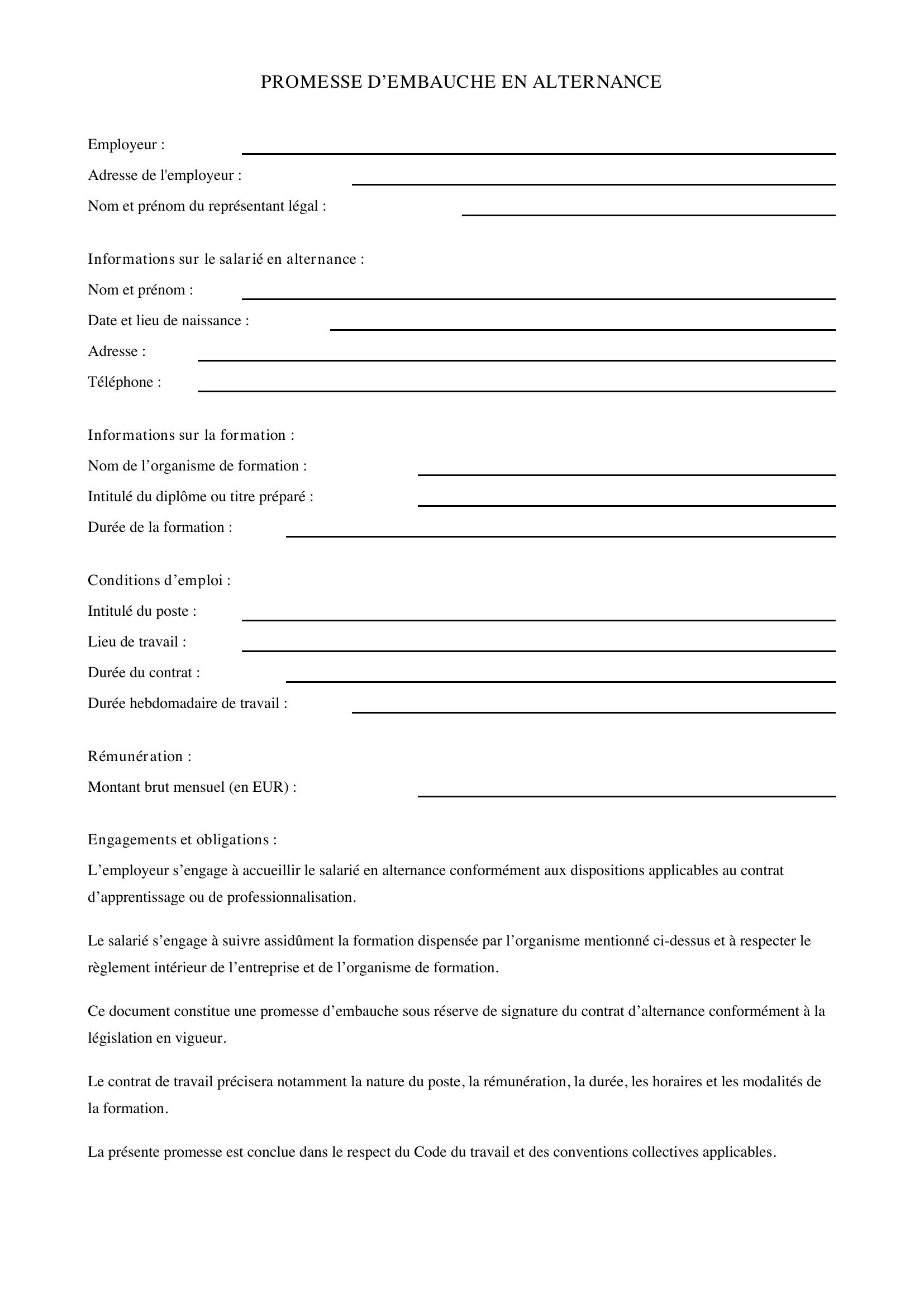 Promesse D'Embauche Alternance Modèle